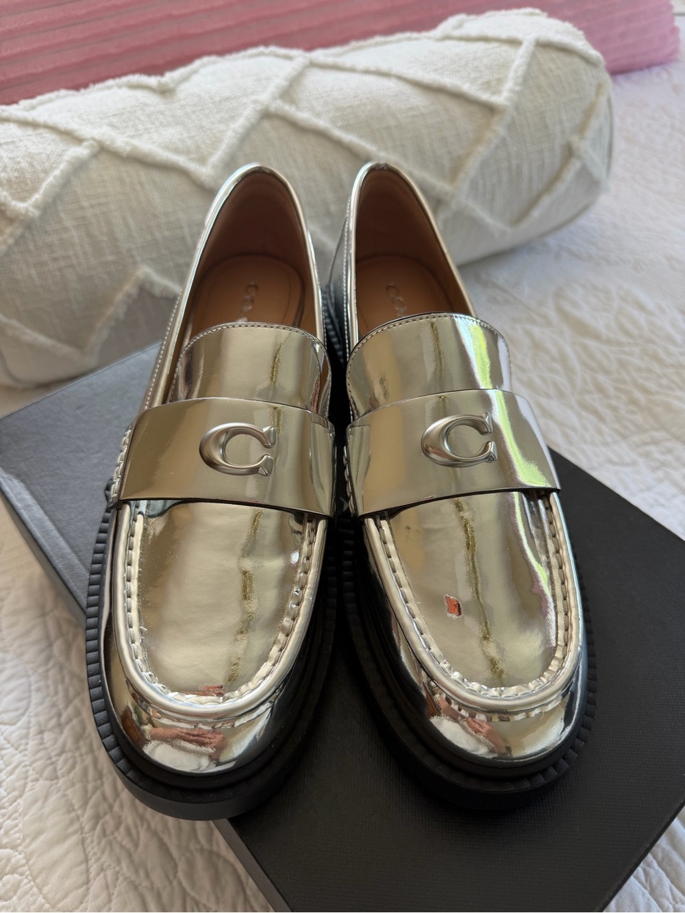 Coach Women's Metallic Silver Platform Penny Loafers - Picture 7 of 7